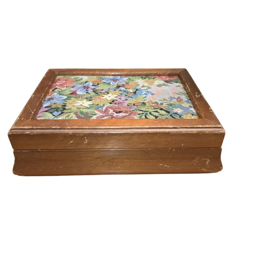 Vintage Jewelry Box Wood London Leather Co Floral Tapestry Red Velvet Lining